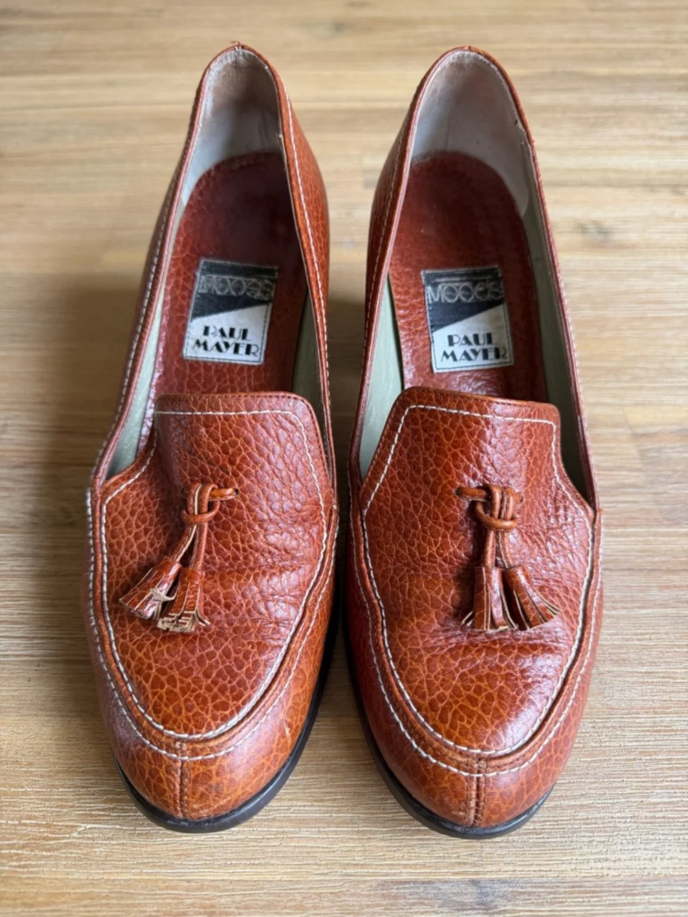 Paul Mayer Pebbled Leather Tassel Block Heels in Cognac - Picture 6 of 12